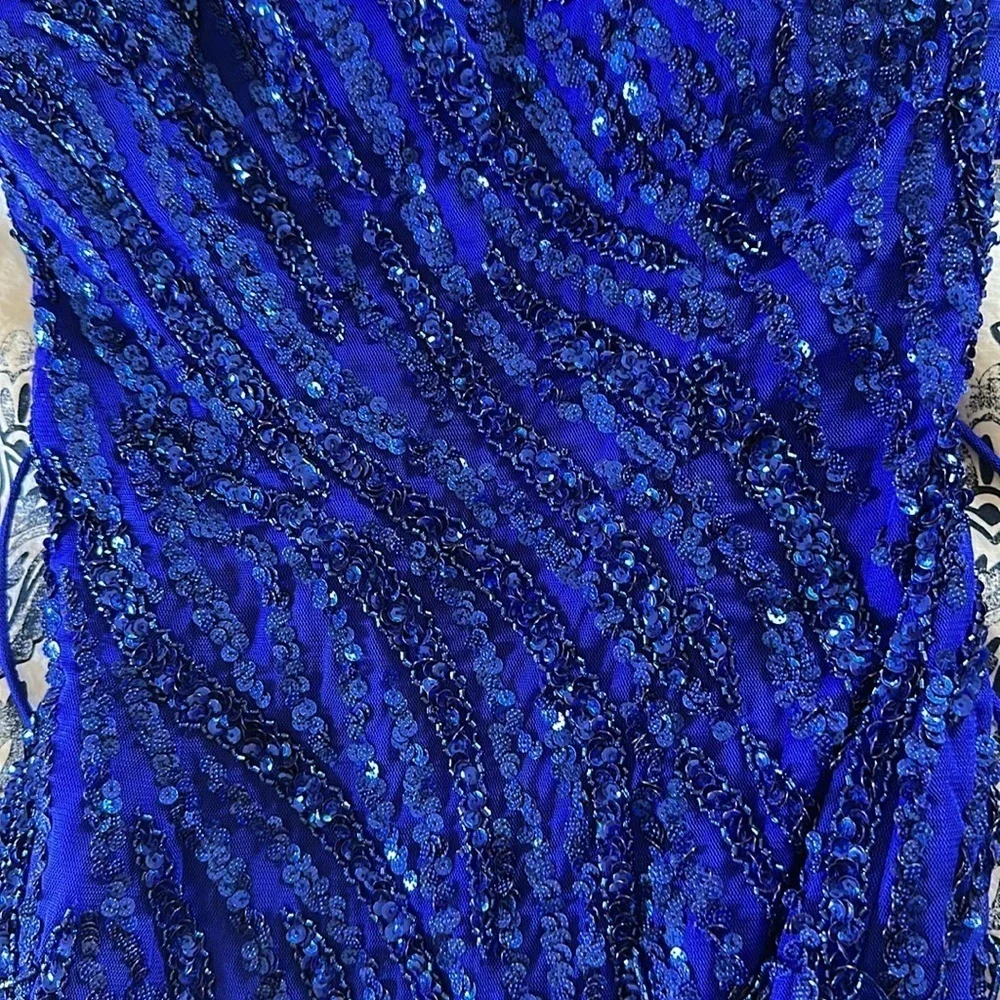 Amarra Cobalt Blue Beaded Dangles Spaghetti Strap Gown Women’s Size 2 Prom Dress - Picture 12 of 15